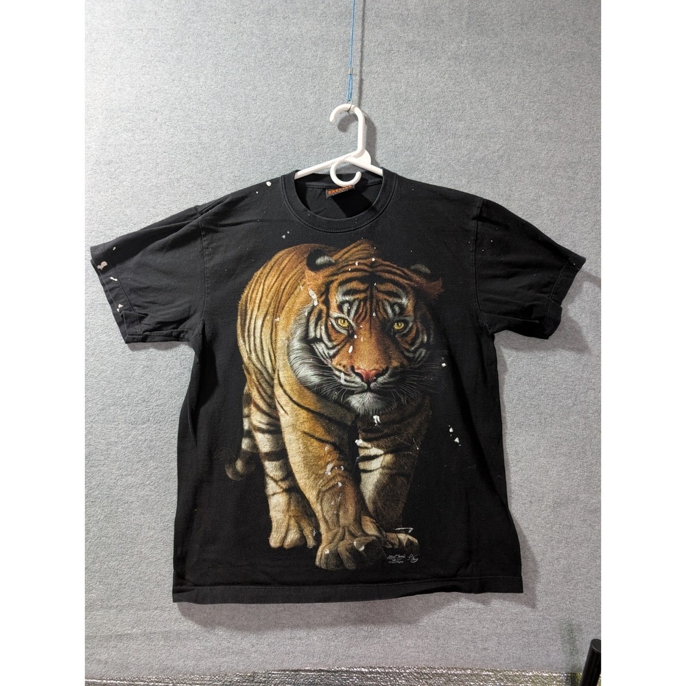 Distressed Tiger Graphic T Shirt Mens‎ L Thrashed Paint Splatter Grunge